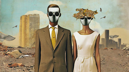 A surreal vintage collage of a people in formal attire standing in a whimsical dreamlike scene with surreal elements. Generated AI.の素材