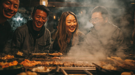 Friends enjoying Korean barbecue together at a restaurant table, laughing and smiling through rising smoke as meat grills on a tabletop barbecue.の素材