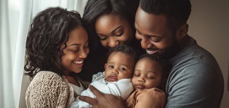 A loving African American family shares a warm moment together with newborn baby in a softly lit living room.の素材
