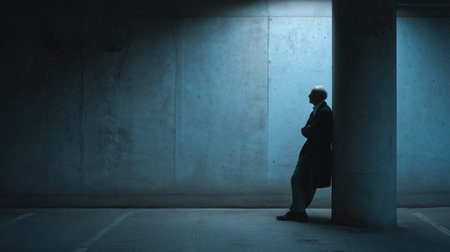 Confident man leaning against concrete pillar in a dramatic parking garage, illuminated by overhead light with deep shadows, minimalist urban setting, and cinematic solitude.の素材