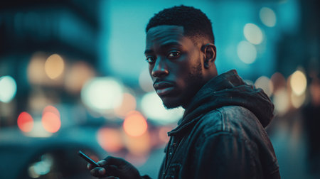 A focused man in modern streetwear jacket holding a phone on a city street at dusk, with moody blue and orange bokeh lights and cars in the background, conveying an urban lifestyle and technology vibe.の素材