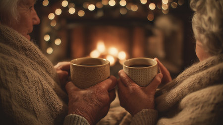 Elderly couple's wrinkled hands holding steaming cups wrapped in blankets sitting together by glowing fireplace with festive bokeh lights.の素材
