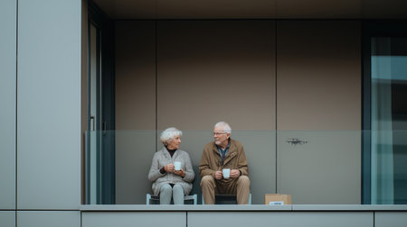 Elderly couple sitting side by side on a modern balcony with coffee mugs while a drone hovers nearby against a minimal architectural background.の素材