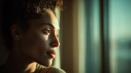 Thoughtful person gazing out sunlit window with city view, reflecting solitude, contemplation, and mental health themes in warm afternoon light.の素材