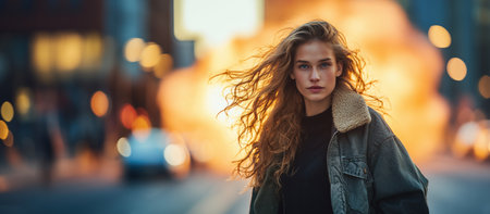 Strong young woman with windblown hair standing confidently in front of a dramatic fiery explosion on a city street at dusk, vibrant firelight illuminating her silhouette.の素材