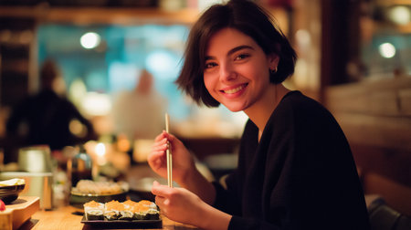 Smiling young woman enjoying assorted Korean food with chopsticks at cozy restaurant counter in warm ambient lighting.の素材