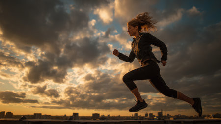 Determined woman with tousled hair in a modern casual outfit running in mid-air against a dramatic sunset city skyline, symbolizing energy, motivation, and freedom in an active urban lifestyle.の素材