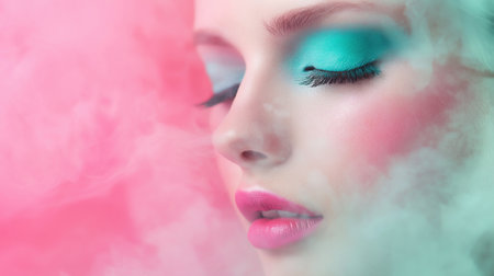 Young woman's face with glossy pink lips, colorful green and pink eyeshadow, and dreamy smoke or vape clouds surrounding her on pastel background.の素材