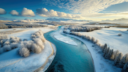 Aerial view of winding river surrounded by snowy winter landscape and frosted trees under a vibrant blue sky.の素材
