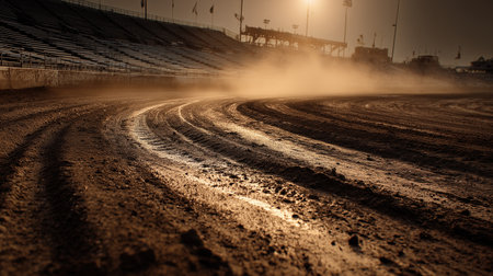 Wide shot of a rugged muddy monster truck track with deep tire ruts and rising dust, empty grandstands and golden sunset lighting, capturing the raw texture and anticipation of motorsport action.の素材