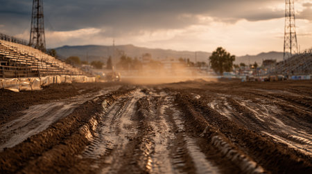 Wide shot of a rugged muddy monster truck track with deep tire ruts and rising dust, empty grandstands and golden sunset lighting, capturing the raw texture and anticipation of motorsport action.の素材