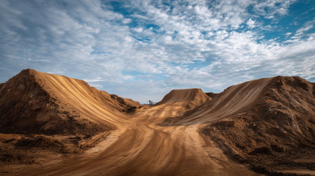 Section of the monster truck track with massive dirt ramps and clear tire marks, capturing the scale and rugged detail of an outdoor dirt racing course.の素材
