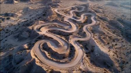 Aerial view of a twisting monster truck track circuit carved into a dry rugged desert landscape, with winding paths along steep earth formations.の素材