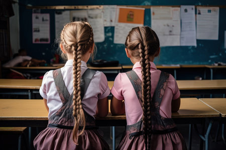 Two schoolgirls with long braided hair sitting together at classroom desk, rear view. Back to school concept.の素材