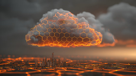 Glowing digital cloud with world map over futuristic city and network grid at night.の素材