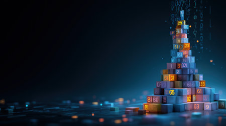 Futuristic digital building made of colorful glowing blocks dissolving into dynamic particles and lines on a dark background.の素材