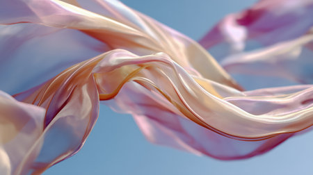 Shimmering silk fabric flowing gracefully in slow motion with soft pastel reflections and blue sky background for elegant abstract design.の素材