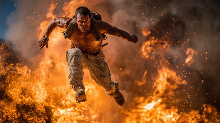Tactical action hero leaps through explosion and burning wreckage in high-stakes blockbuster movie scene with intense fire, smoke, and dynamic motion.の素材
