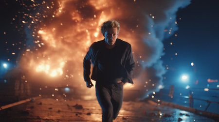 Action man running away from a burning train at night as flames and rain illuminate the dramatic and cinematic scene.の素材