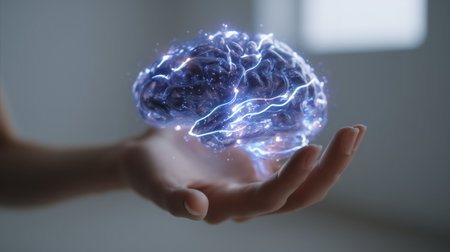 Glowing blue holographic brain projection floating above open human hand, in futuristic technology conceptの素材