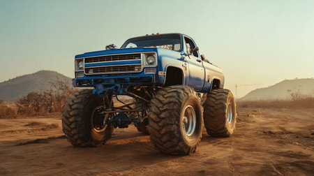 Massive blue monster truck on a dusty dirt track with oversized tires, lifted suspension, chrome accents, and mountains in the background.の素材