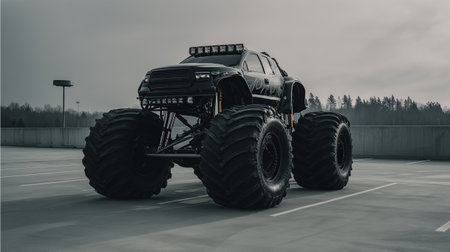 Shiny black monster truck on a flat concrete surface with massive tires, reflective bodywork, lifted chassis, chrome accents, and minimal industrial background.の素材