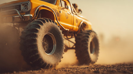 Close up of yellow monster truck with oversized dirt tires churning up dramatic dust in warm low sunlight, captured from a low angle for a powerful off-road action scene.の素材