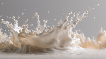 Frozen splash of milk or cream swirling and splashing upward in mid-air with detailed droplets against a beige background for dairy, freshness, or fluidity concepts.の素材