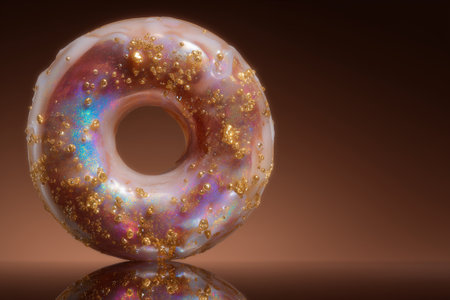 Juicy donut with sparkling pearlescent glaze and glossy syrup drops on vibrant chocolate brown background.の素材
