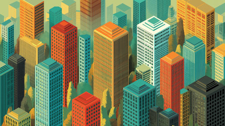 Isometric illustration of colorful high rise buildings with stacked rooftop terraces full of people in a busy modern city.の素材