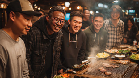 Friends enjoying Korean barbecue together at a restaurant table, laughing and smiling through rising smoke as meat grills on a tabletop barbecue.の素材