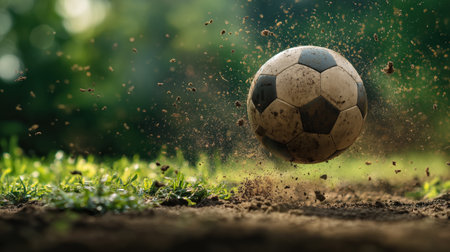 Soccer ball kicking up grass and dirt mid-air in dynamic close-up with motion blur and flying soil on outdoor field in dramatic sunlight.の素材