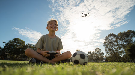 Young boy sitting cross-legged on grass at sunset controlling a flying drone with remote, with a soccer ball nearby.の素材