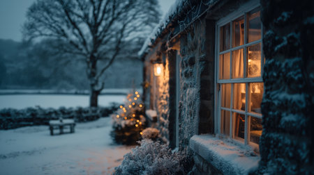 Snow-covered countryside cottage exterior with glowing warm windows and lanterns shining at dusk, decorated tree and rustic garden covered in fresh winter snow.の素材