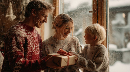 Family of three in festive sweaters exchanging Christmas gift together by snowy window for joyful holiday moment.の素材