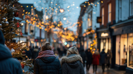 Busy festive city street at dusk with glowing Christmas lights, decorated shops, and people in winter coats walking by Christmas tree.の素材