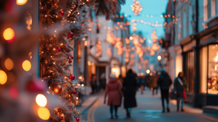 Busy festive city street at dusk with glowing Christmas lights, decorated shops, and people in winter coats walking by Christmas tree.の素材