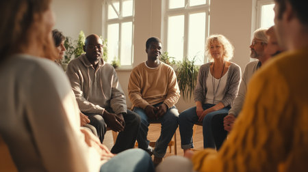 Diverse psychological support group meeting in bright therapy room discussing mental health, sharing experiences, and building peer connection and trust.の素材