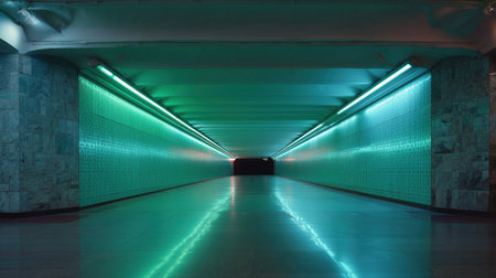 Empty underground pedestrian tunnel with tiled walls and ceiling, fluorescent lights creating vanishing point perspective in urban subway passage.の素材
