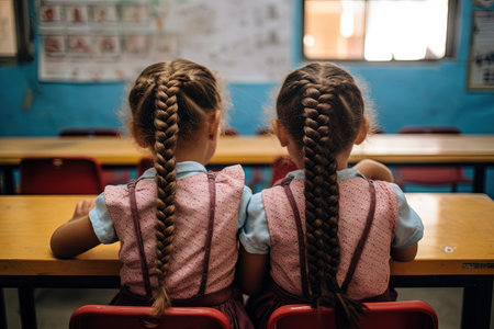 Two schoolgirls with long braided hair sitting together at classroom desk, rear view. Back to school concept.の素材