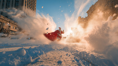 Santa superhero landing in an explosion of snow with dramatic lighting in city street for epic action holiday scene.の素材