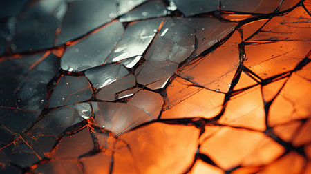 Shattered glass surface with intricate spiderweb cracks forming abstract mosaic pattern in monochrome tones for concept of breakage, fragility, and impact.の素材