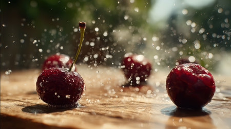 Fresh ripe cherries splashing in water in vibrant close-up slow motion on wood with glistening drops and natural bokeh background.の素材