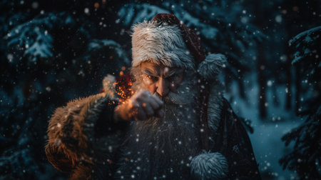 Santa superhero in dramatic scene with intense stare and glowing embers against snowy forest for cinematic holiday action portrait.の素材