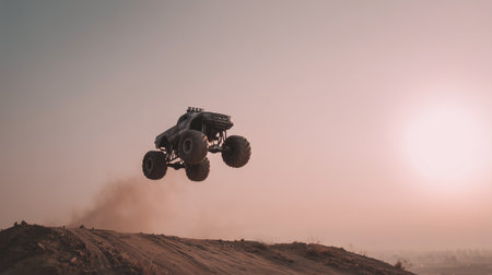 Monster truck mid-air jump over dirt mound at dusty sunset, with massive tires, flying dust, dramatic sky, and wide open off-road scene.の素材