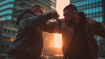 Urban street fighters sparring at sunset with sunlight streaming between skyscrapers in dramatic action scene.の素材