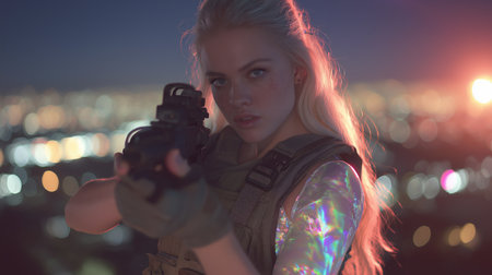 Dramatic scene of young woman covered with glitter with cinematic blockbuster effect.の素材