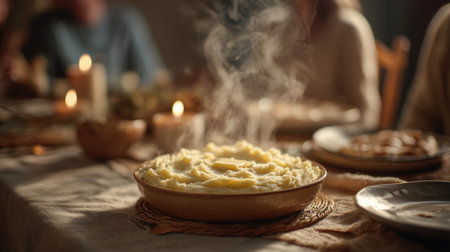 Steaming bowl of creamy mashed potatoes with melting butter on a festive family dinner table in warm candlelight.の素材
