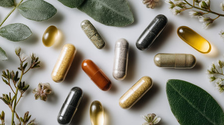 Natural supplement capsules and softgel vitamins with herbal ingredients and olive leaves in bright wellness concept macro scene.の素材