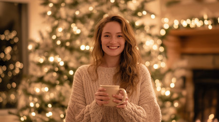 Young woman in cozy sweater with mug enjoying warm drink by Christmas lights and decorated tree in festive home setting.の素材